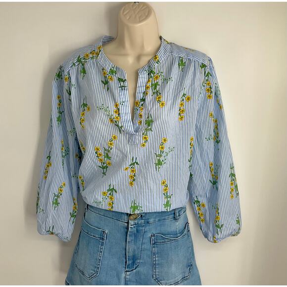 NAUTICA Jeans Floral Blue Stripes Top Blouse Large 3/4 Sleeve Office Preppy - Picture 12 of 13